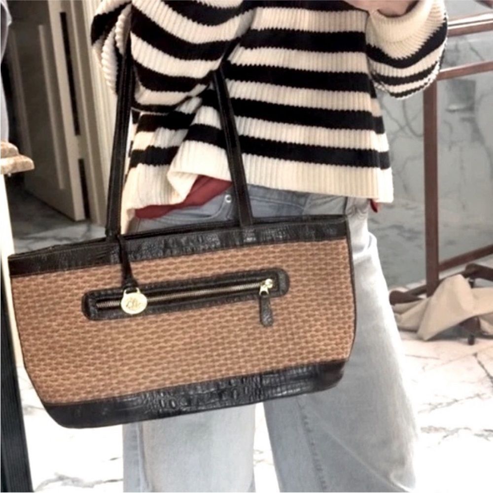 Brahmin Vintage Tisbury Woven Straw/Embossed Leather Trim Shoulder Bag
